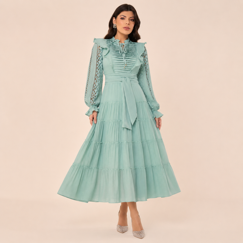 Vestido Verde Água Midi Manga Longa | Moda Marli