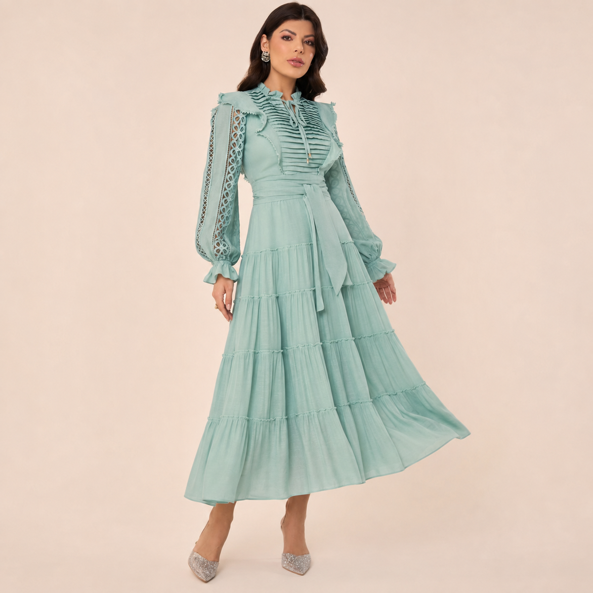 Vestido Verde Água Midi Manga Longa | Moda Marli