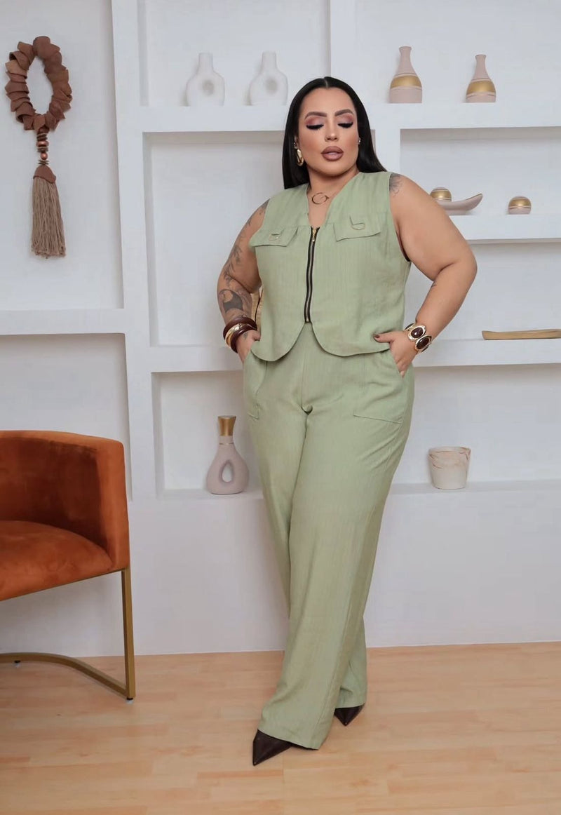 Conjunto Plus Size Verde com Colete | Moda Marli