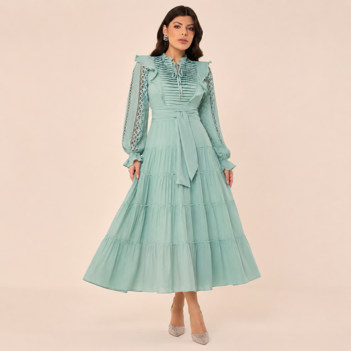 Vestido Verde Água Midi Manga Longa | Moda Marli