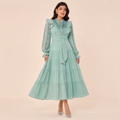 Vestido Verde Água Midi Manga Longa | Moda Marli