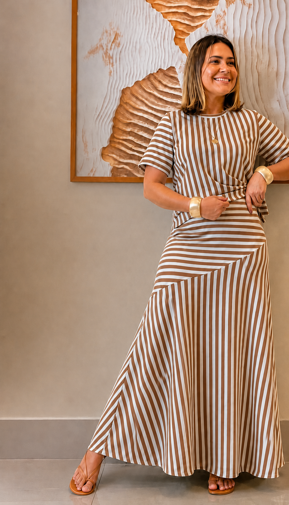Conjunto Feminino Saia e Blusa Listrado em Moletinho Fio Tinto | Moda Marli