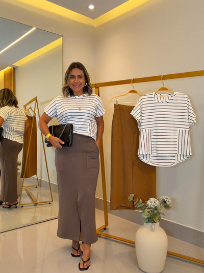 Conjunto Saia Ponto Roma com Blusa Listrada | Moda Marli