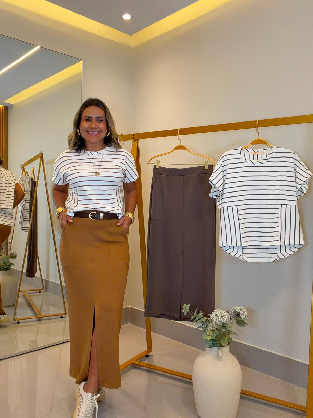 Conjunto Saia Ponto Roma com Blusa Listrada | Moda Marli