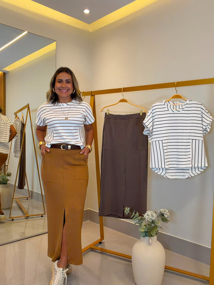 Conjunto Saia Ponto Roma com Blusa Listrada | Moda Marli