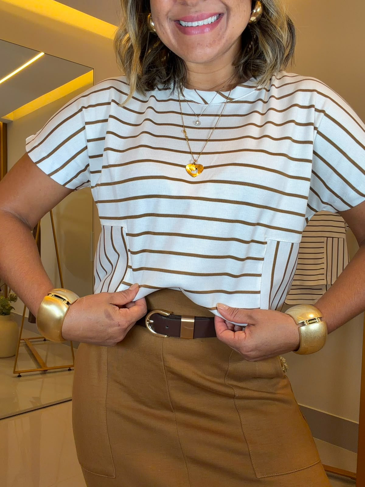 Conjunto Saia Ponto Roma com Blusa Listrada | Moda Marli