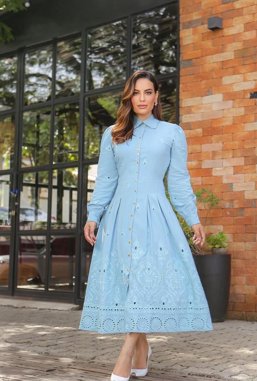 Vestido Antonela Azul Laise Bordada | Moda Marli