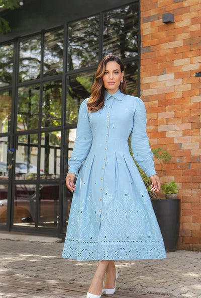 Vestido Antonela Azul Laise Bordada | Moda Marli